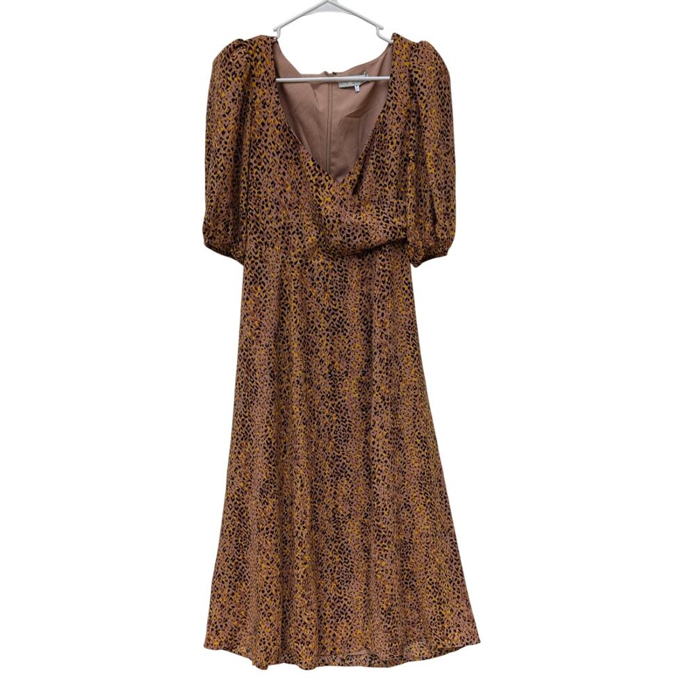 Nordstrom WAYF Leopard Print Faux Wrap Puff Sleeve Midi Dress W/Slit Size Small